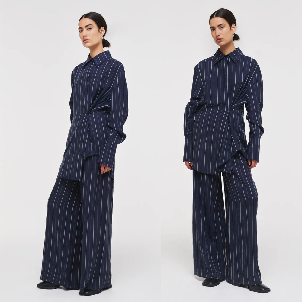 ALIGNE Pinstripe Lyocell Linen Wrap Front Shirt and Wide Leg Pants Sets Size 2 - Picture 14 of 15